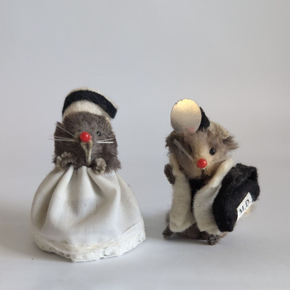 Vtg Original Fur Toys Mice Mouse Dolls Miniature Germany Doctor Nurse Pair